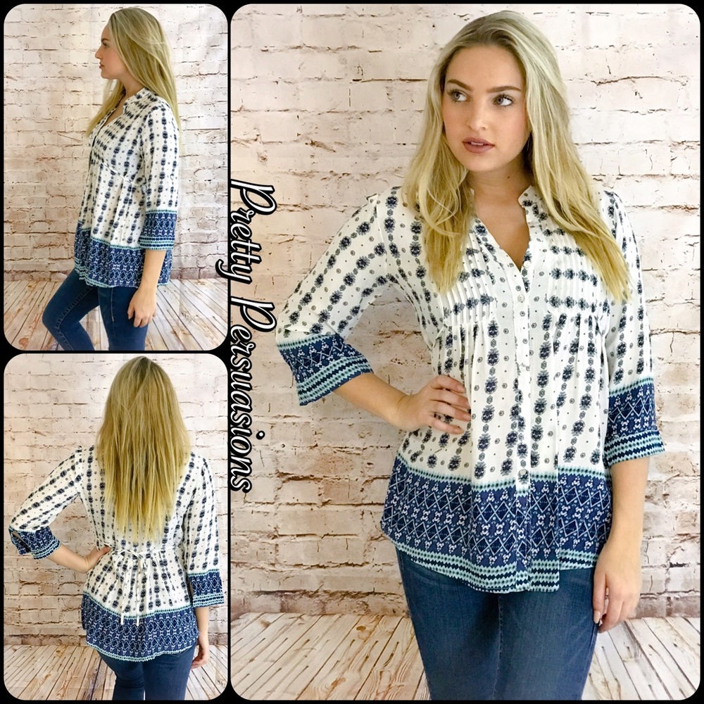 NWT Pleated Mandarin Collar Printed Peasant Blouse - Picture 1 of 5