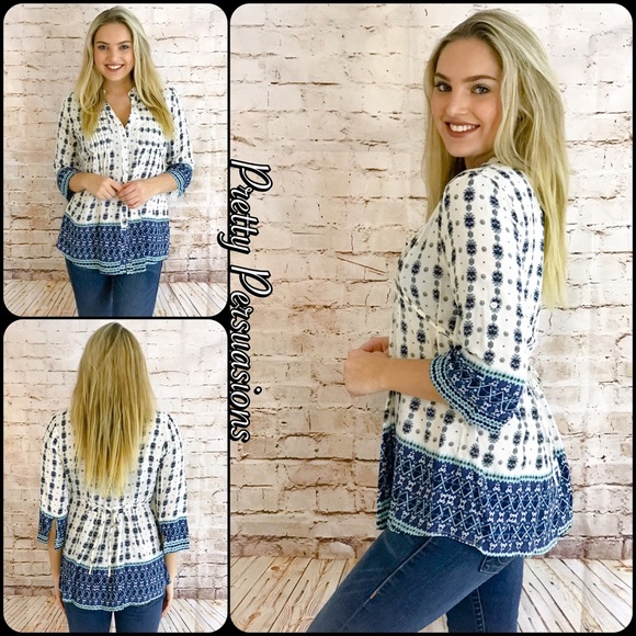 NWT Pleated Mandarin Collar Printed Peasant Blouse - Picture 2 of 5