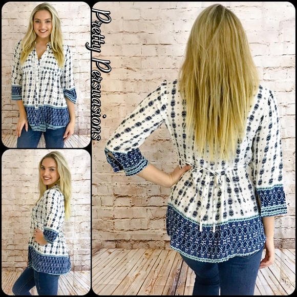 NWT Pleated Mandarin Collar Printed Peasant Blouse - Picture 3 of 5