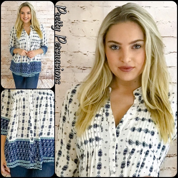 NWT Pleated Mandarin Collar Printed Peasant Blouse - Picture 4 of 5