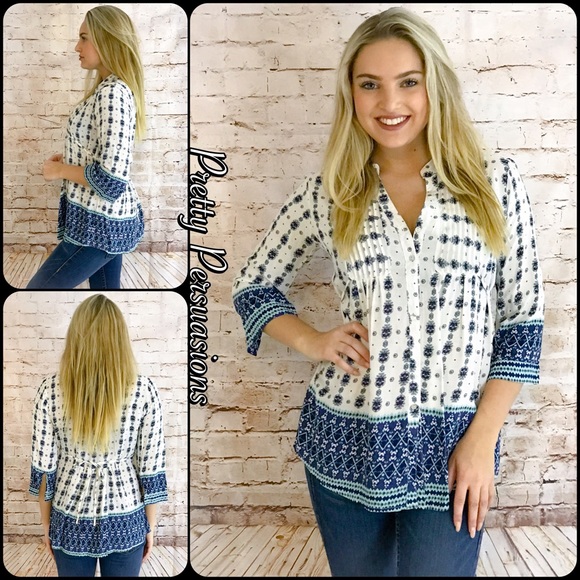 NWT Pleated Mandarin Collar Printed Peasant Blouse - Picture 5 of 5