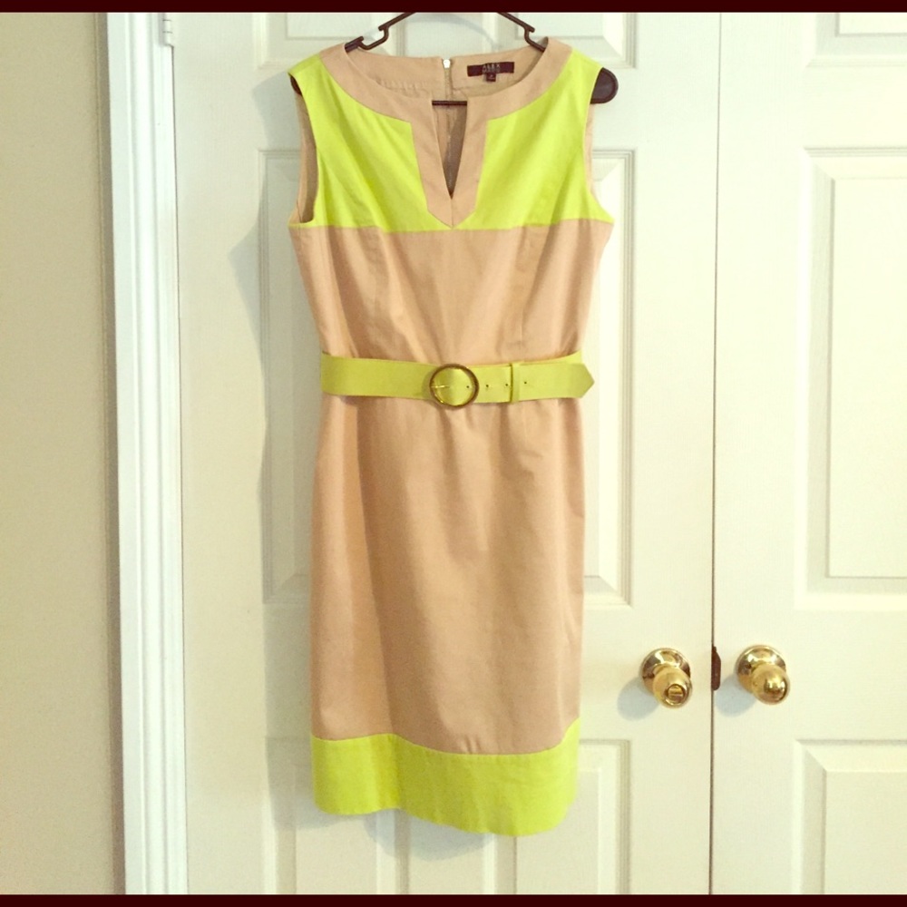 Alex Marie Khaki and lime green dress with belt