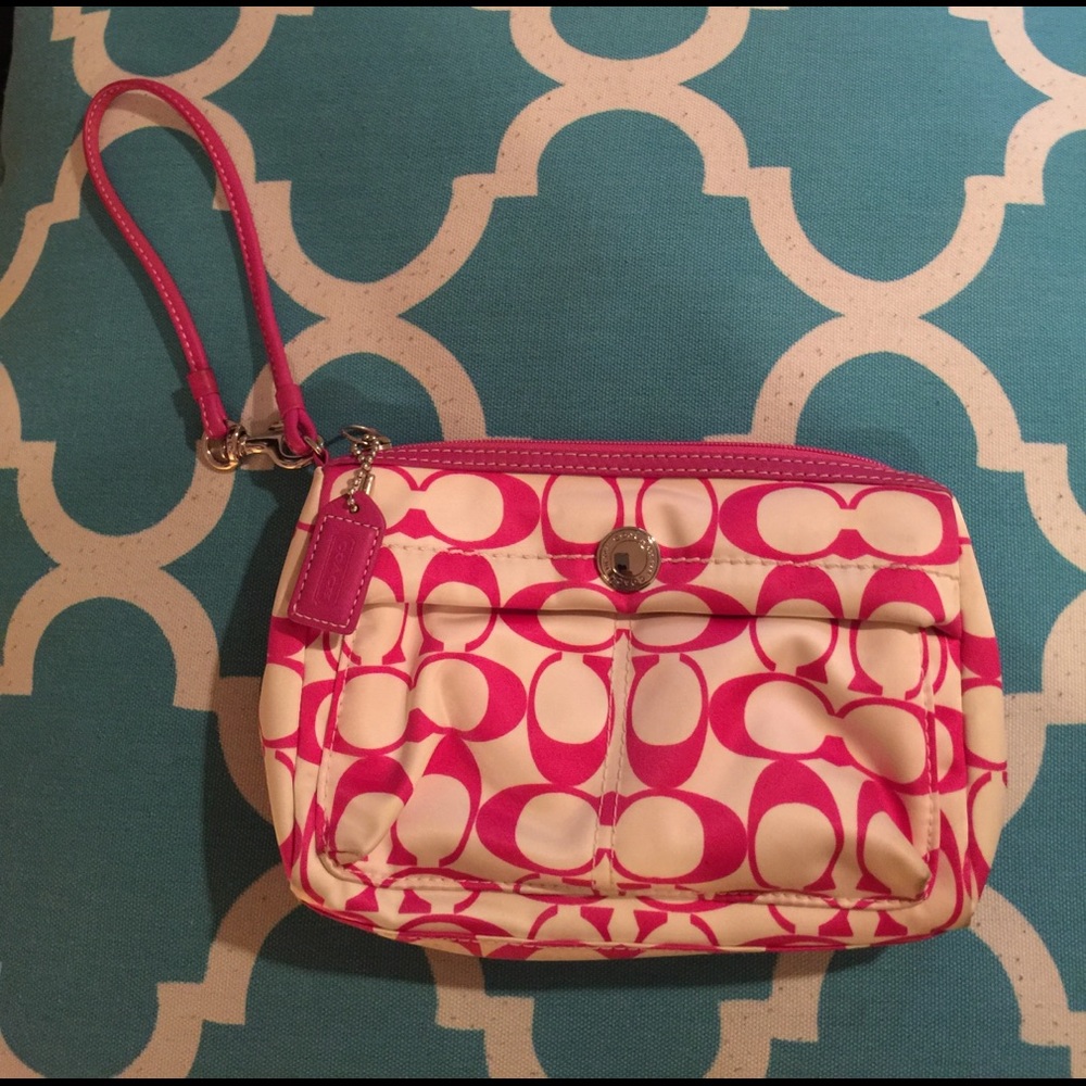 Coach Wristlet White and Pink Satin C Print