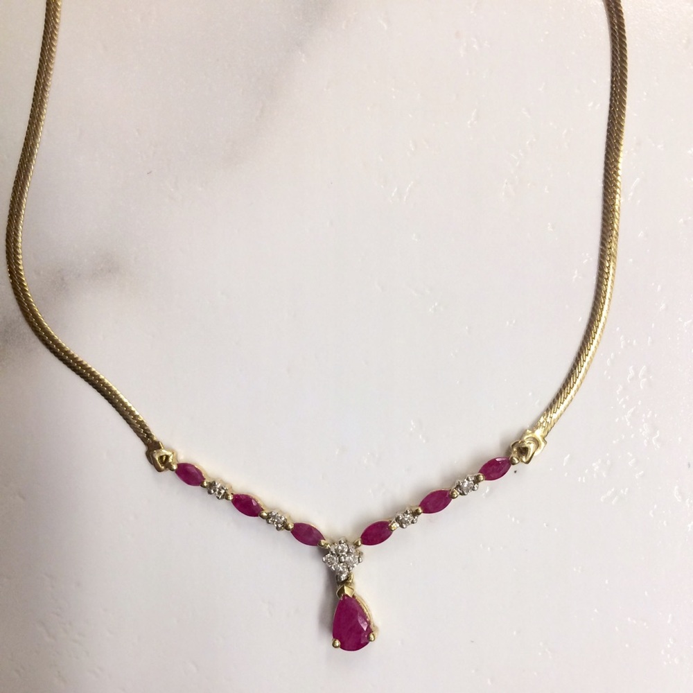 Ruby, diamond, 14K Italian gold drop necklace