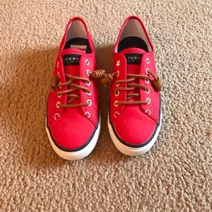 red sperry sneakers