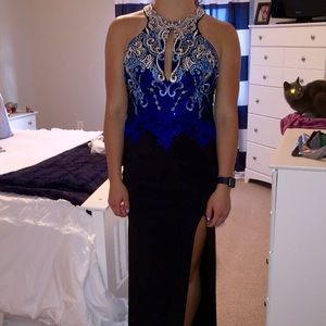Blue White and Black Embroidered Prom Dress