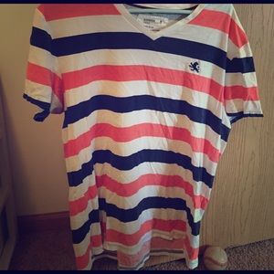 Express V-Neck white orange and navy blue stripes