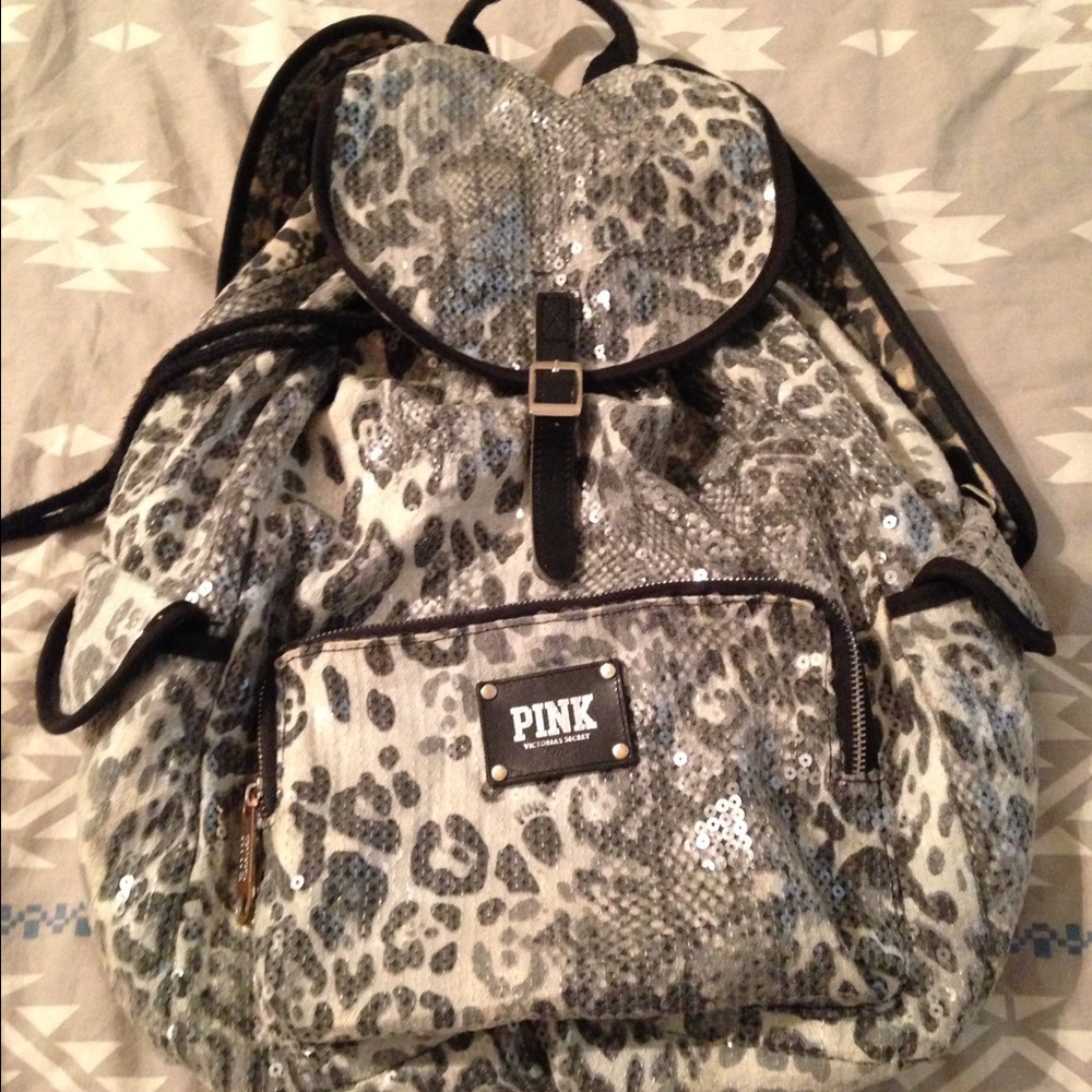 PINK white leopard sequins backpack