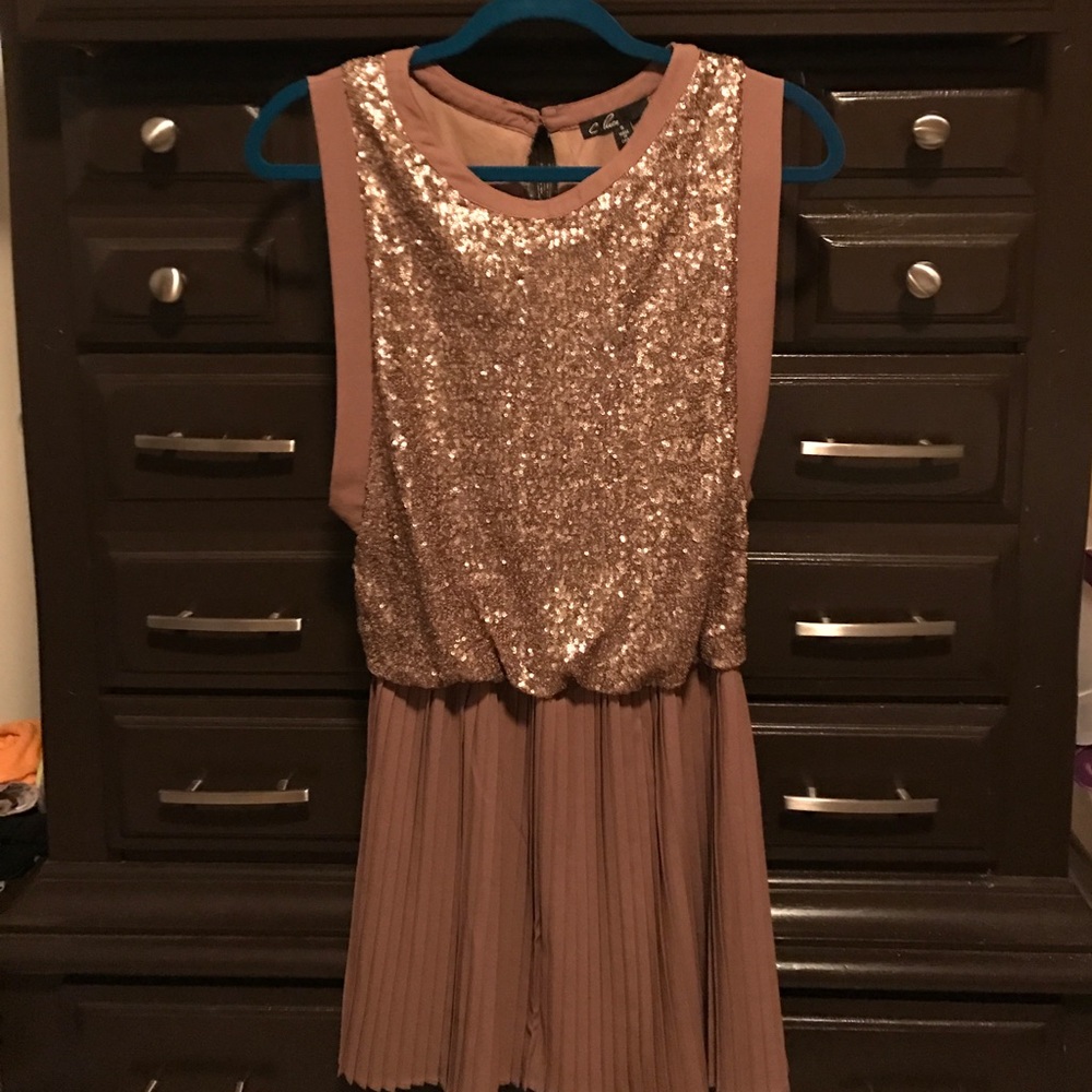 Tan and Gold Pleated Dress
