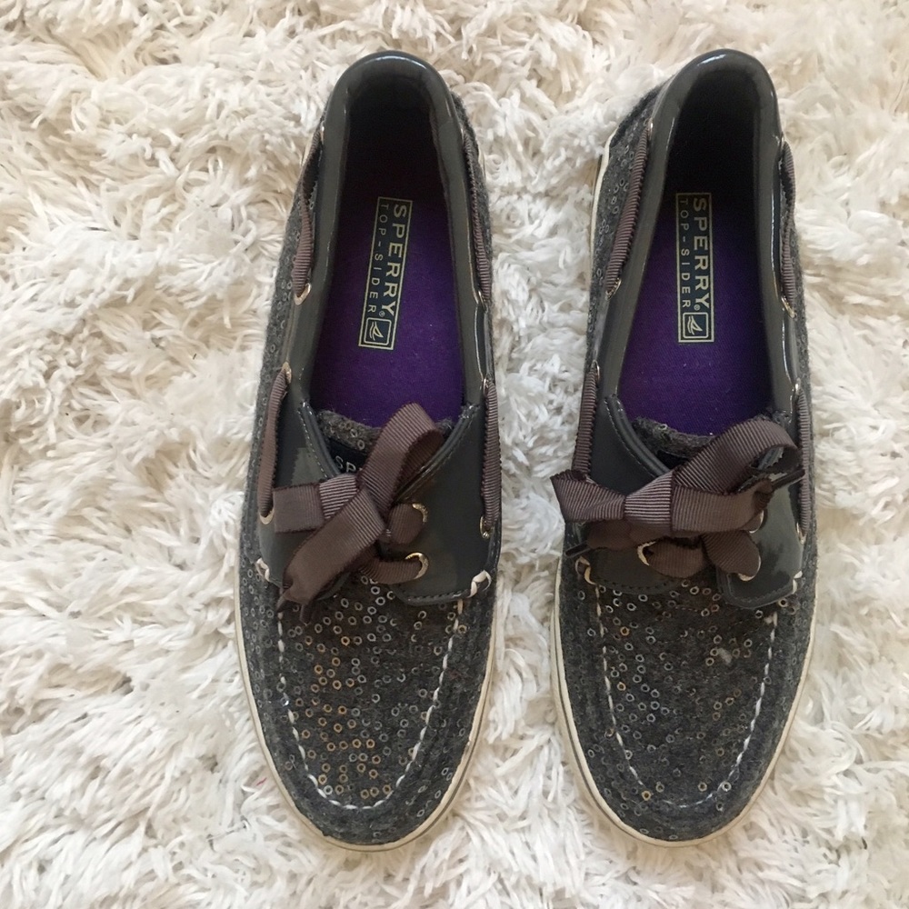 Sperry Bahama Boat Shoe in Charcoal Sequin, Size 6
