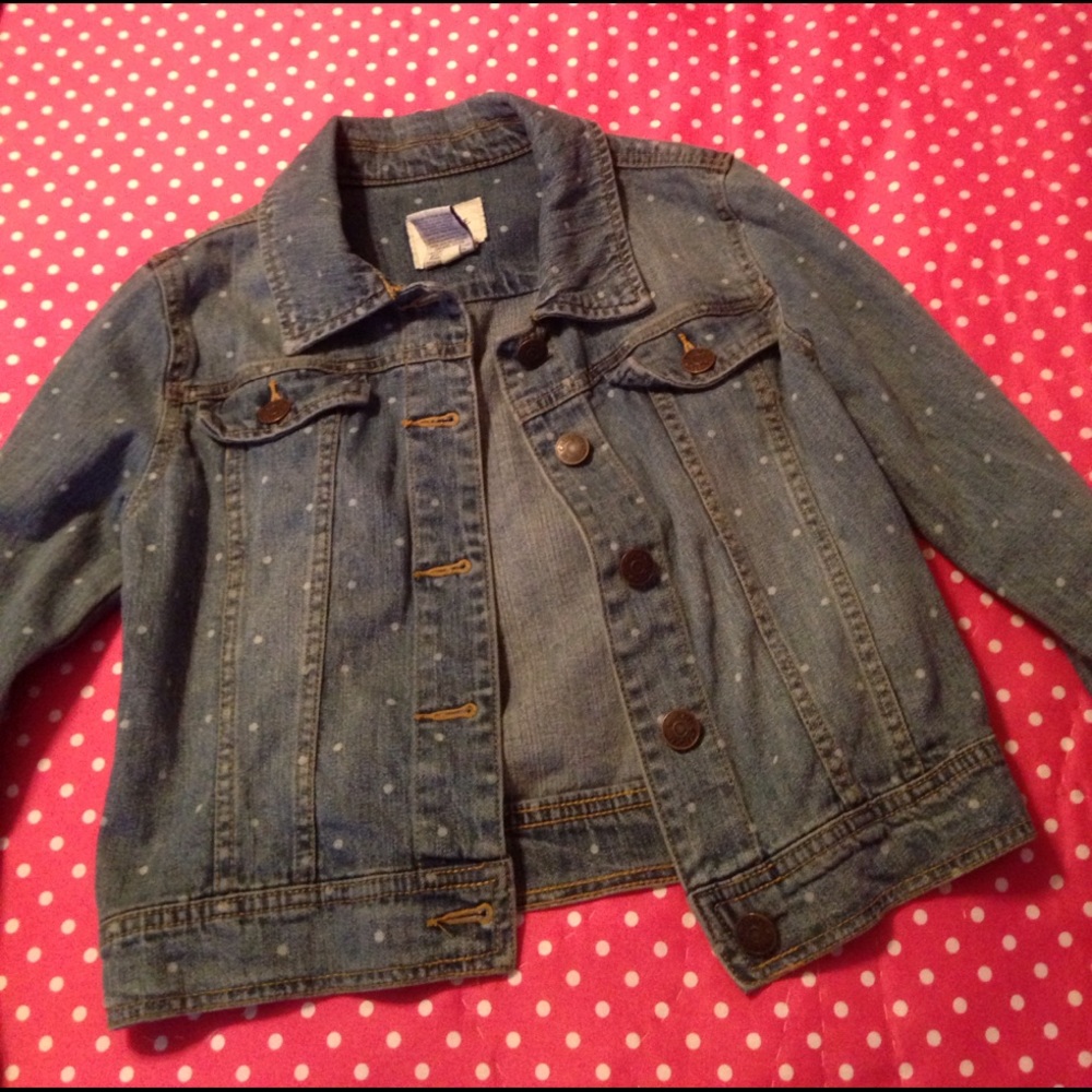 White polka dotted blue jean jacket
