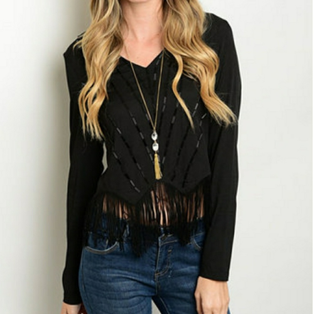 Black Beaded Fringe-Hem V-Neck Top