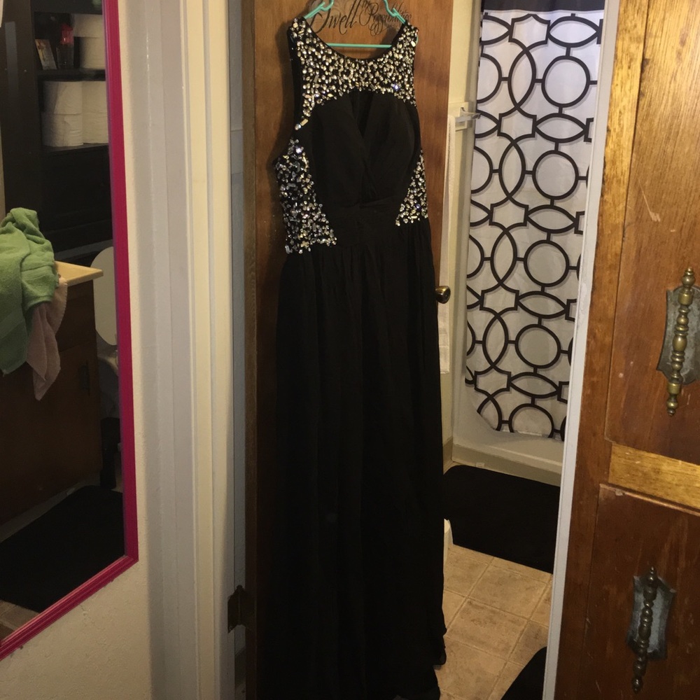 High slit beaded gown with chiffon train size 18
