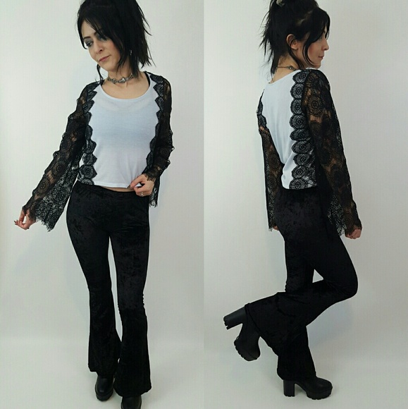 Black crushed velvet flare pants Small boho 70s - Picture 2 of 4