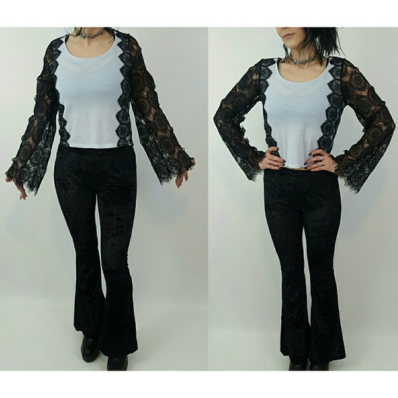 Black crushed velvet flare pants Small boho 70s - Picture 4 of 4