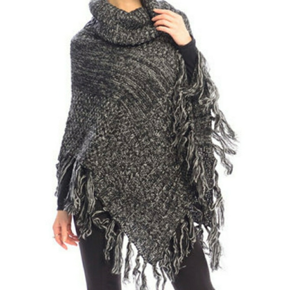 Black Tassel Cowl Neck Poncho