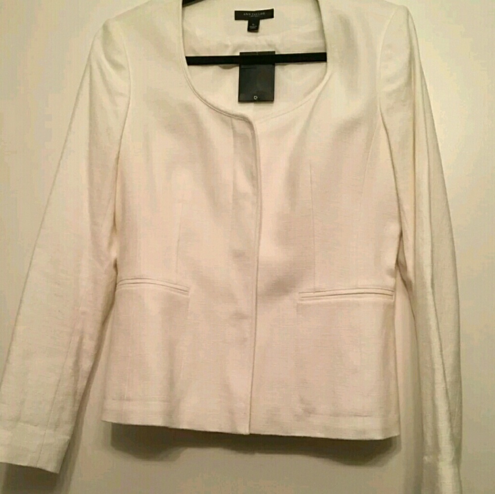 Collarless Jacket Blazer Cotton White