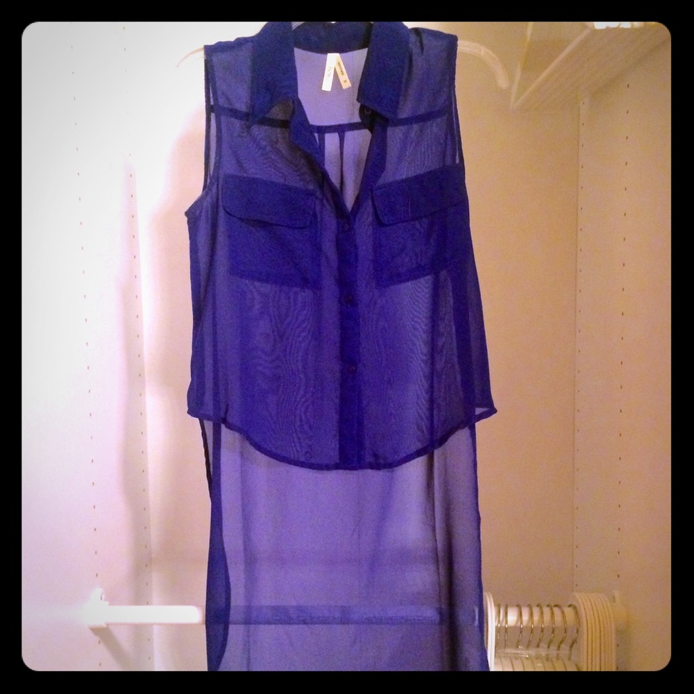 Royal Blue Sheer Hi-Lo Button Down