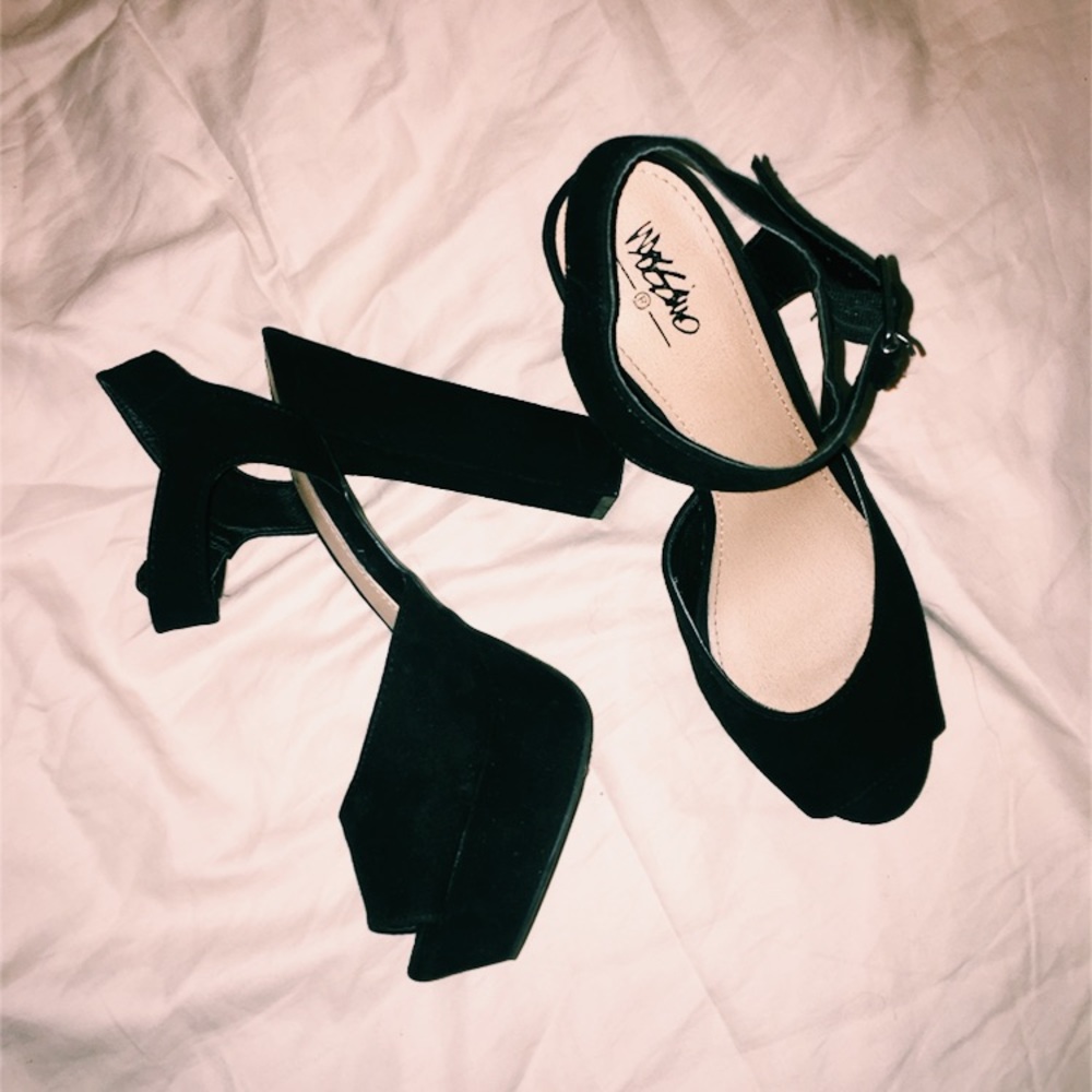 Chunky black faux suede heels