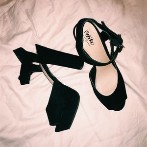 Chunky black faux suede heels