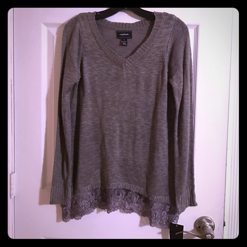 Heather Gray Sweater with Lace Trim.