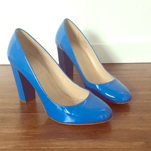 J Crew Blue Patent Block Heel Pumps