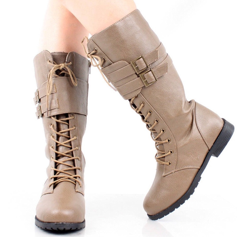Knee High Military Lace Up Tall Combat Flat Boots - Picture 2 of 5
