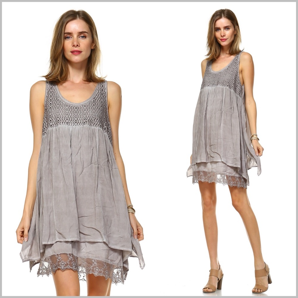 🔹Last One🔹 Mocha* Acid Wash Dress with Lace Trim - Picture 2 of 8