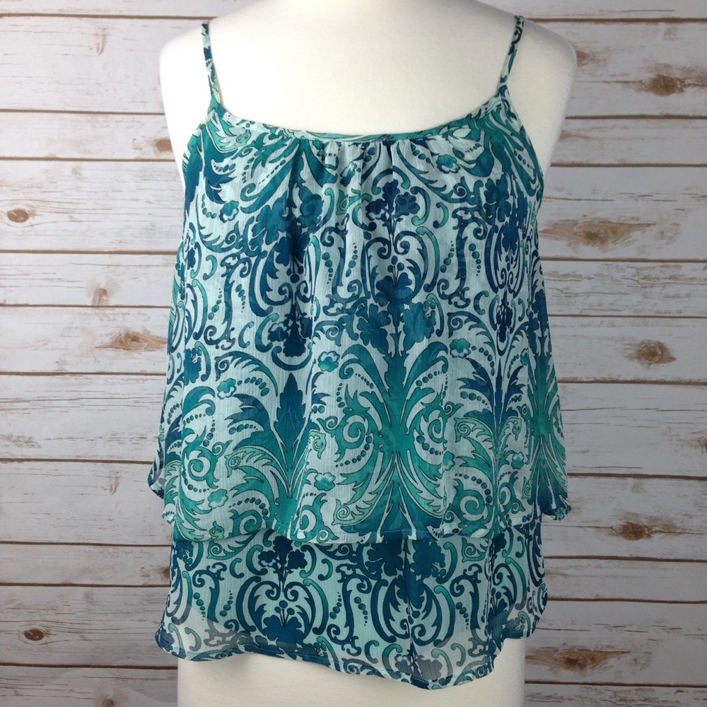 New York & Co Tiered Ruffled Tank Top-Green/Cream