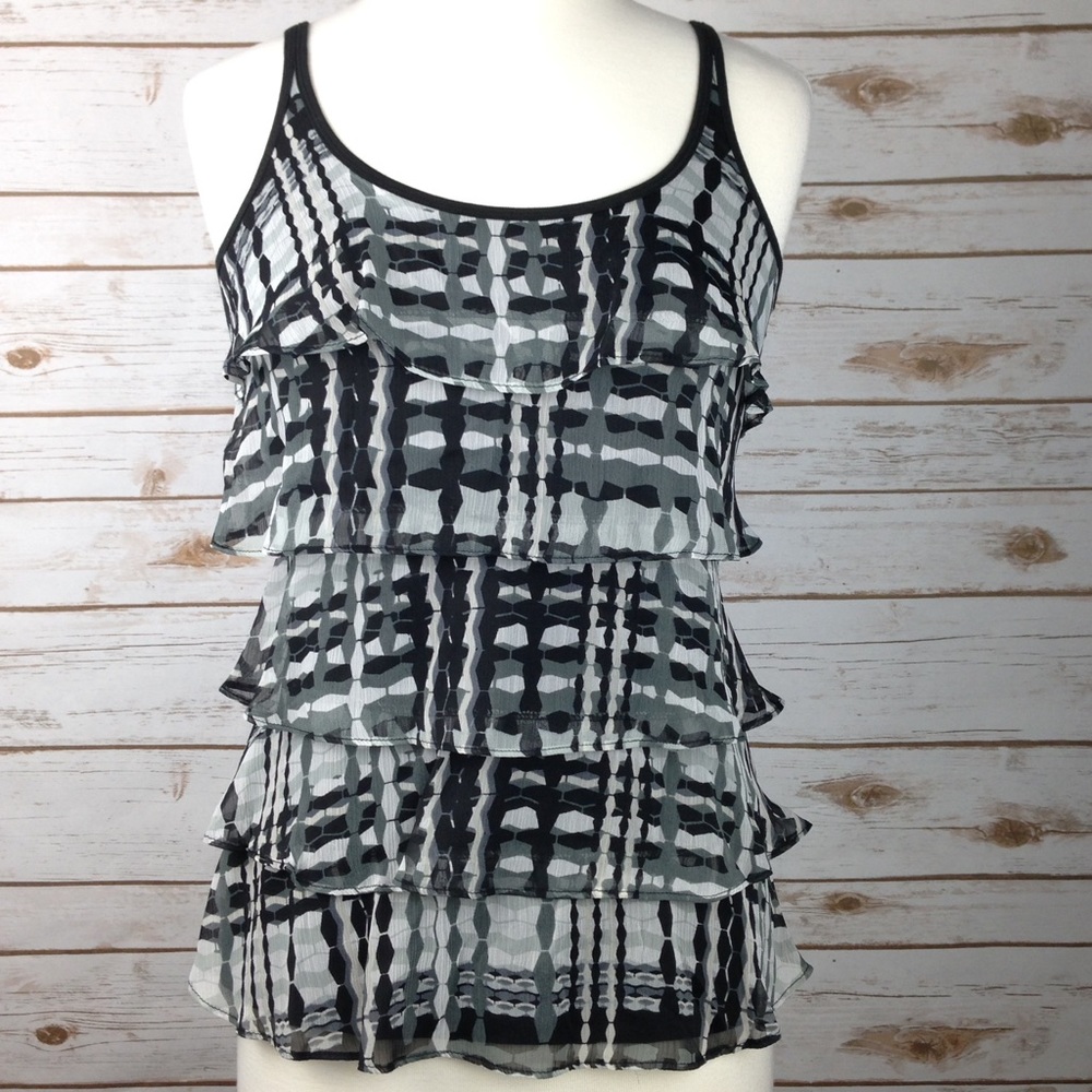 New York & Co Tiered Ruffled Tank Top-Black/White
