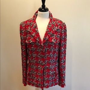 Red, black, white plaid blazer