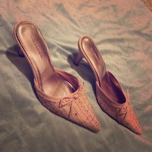 Blush pink woven pumps