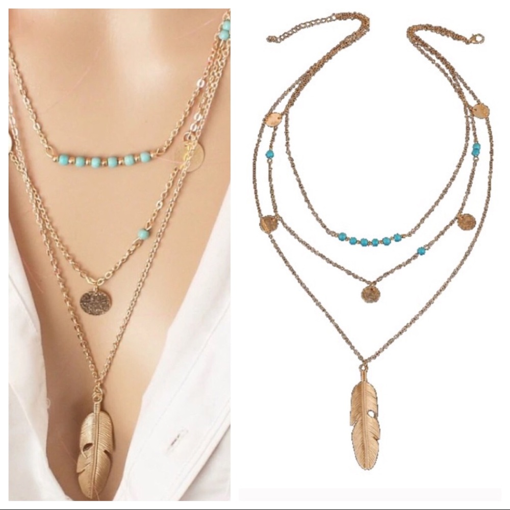 💥HP 4/4🏆 Gold Turquoise Leaf Coin Layer Necklace