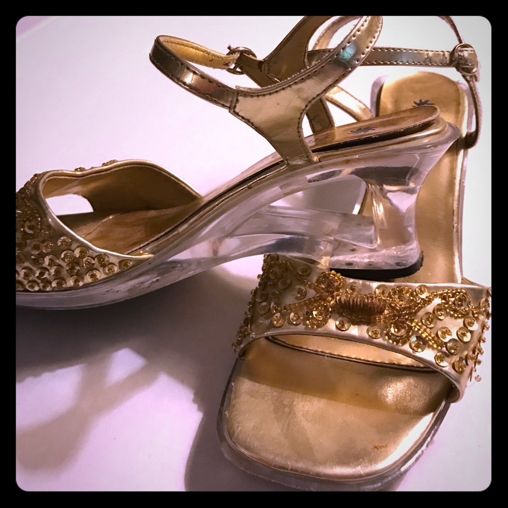 STELLA Gold Shoe, 2 1/4" CLEAR Acrylic Heel, SZ 4