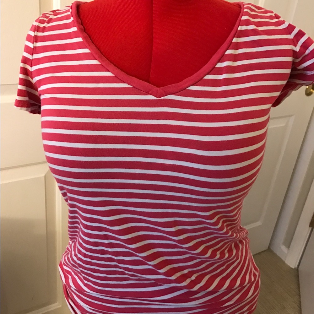 Pink striped v neck maternity t-shirt