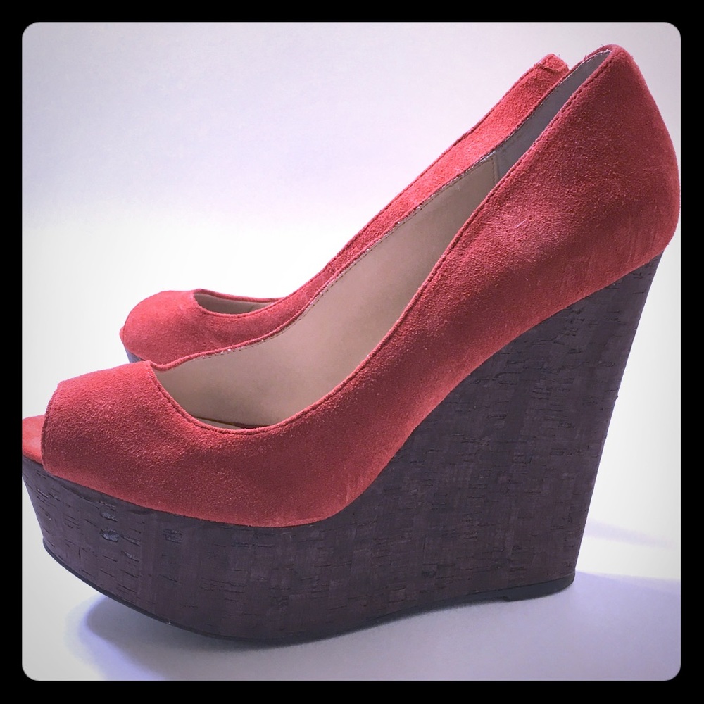 Red suede peep toe platform wedges