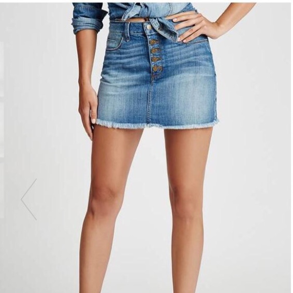 GUESS Skirt Size 25 High-Rise Jeans Button Denim Distressed Blue Mini Short