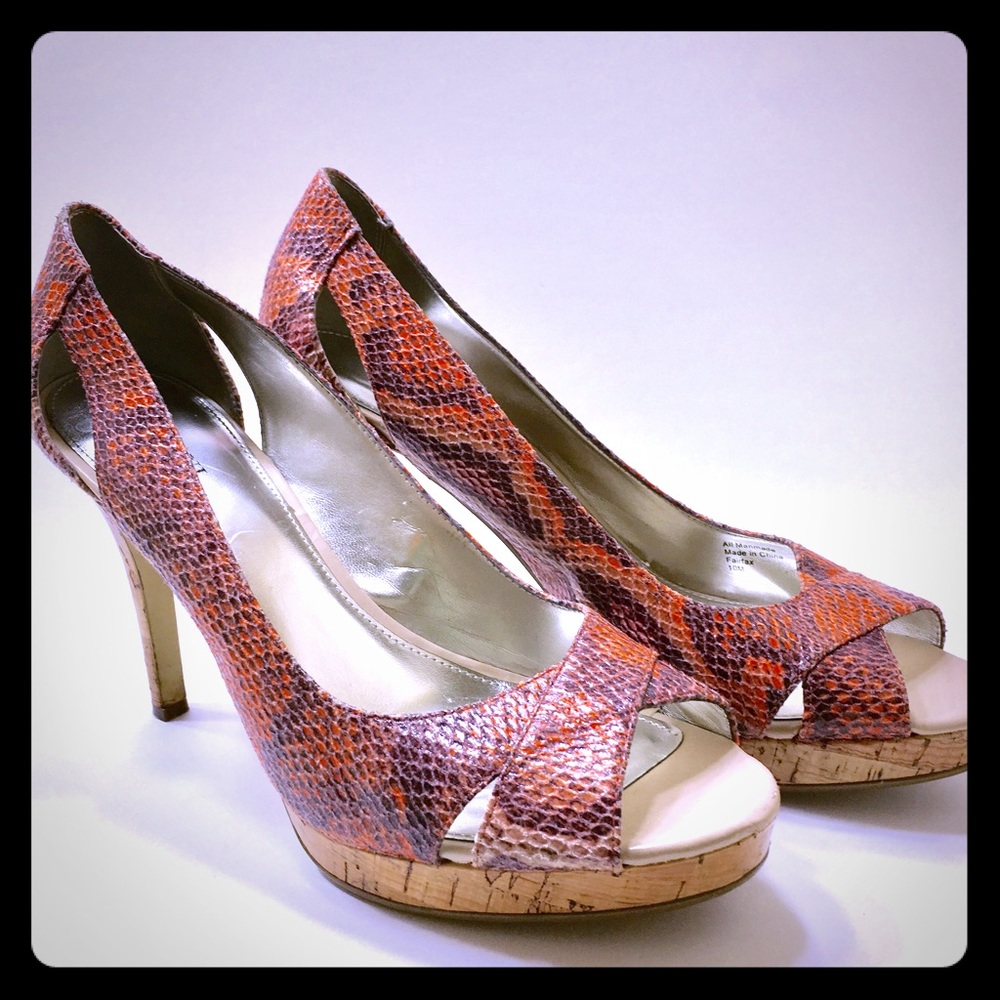 Peach faux snakeskin peep toe heels by Alfani