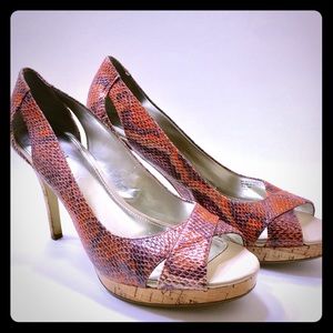 Peach faux snakeskin peep toe heels by Alfani