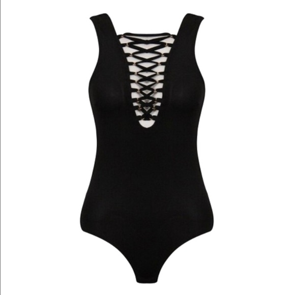 Black Lace Up Eyelet Bodysuit - Picture 2 of 4
