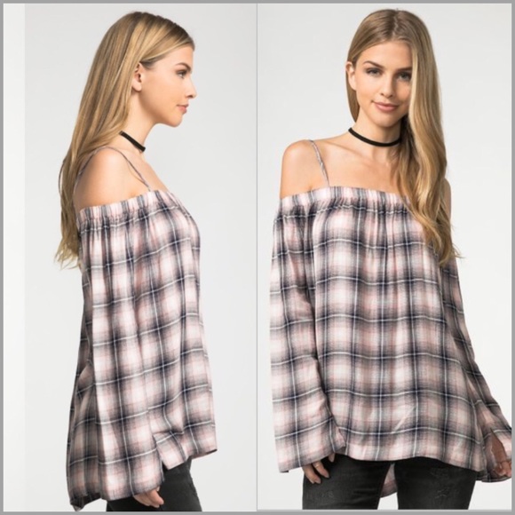 Plaid Off Shoulder Top in Pink - Picture 2 of 3