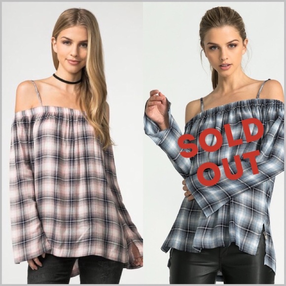 Plaid Off Shoulder Top in Pink - Picture 3 of 3