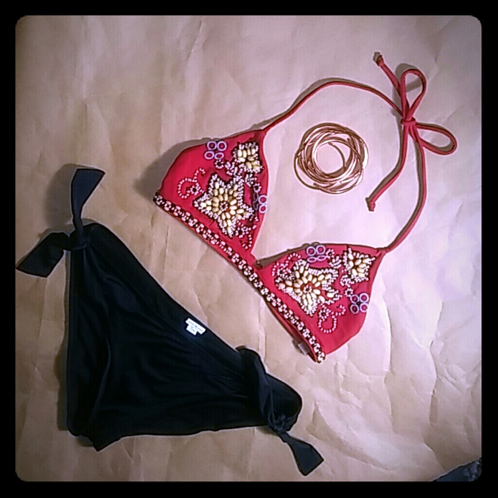 Beaded Red Triangle Halter Bikini Top *SALE*