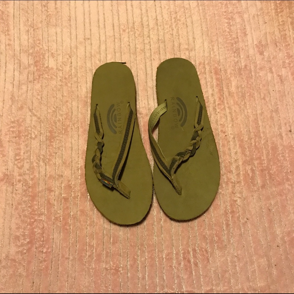 Rainbow tan braided flip flops