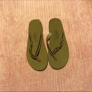 Rainbow tan braided flip flops