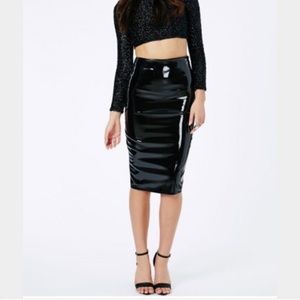 Black patent midi skirt