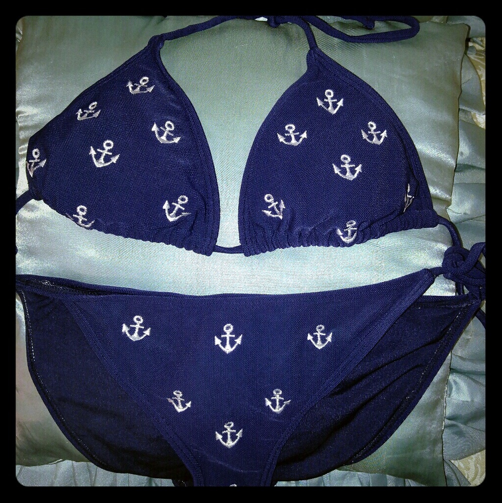 Esprit Navy White Nautical Anchors Bikini Size M