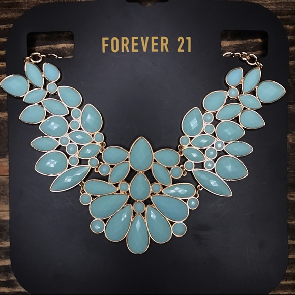 NEW Blue/Gold Faux Gem Statement Necklace - Picture 3 of 4