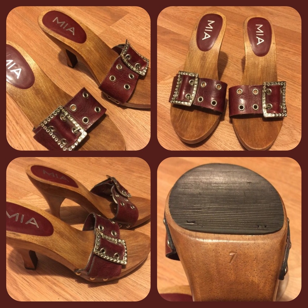MIA- burgundy wooden clog like open toe heels