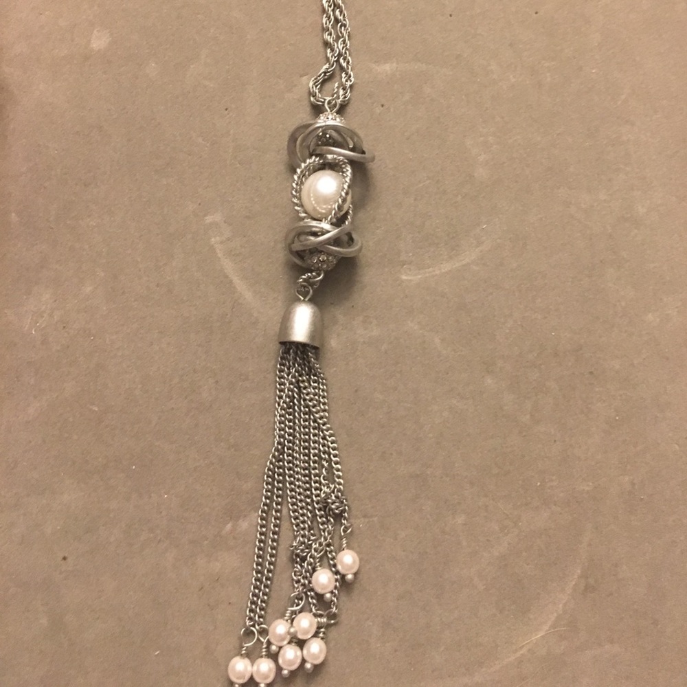 Long silver and pearl necklace